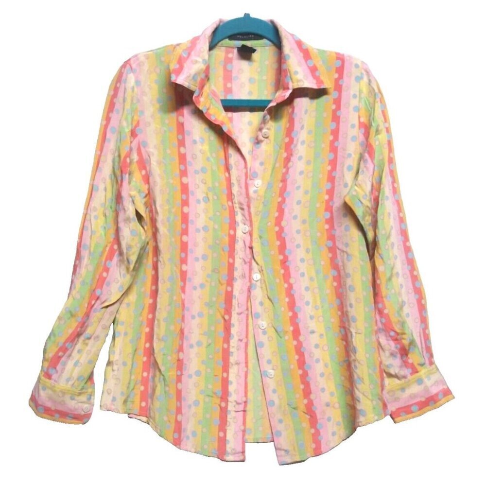 VTG Silk Blouse top Mel & Lisa Sz S Oversized multicolor stripes polka dot Flaw